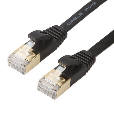 สายเคเบิลอีเธอร์เน็ตแบบแบน Cat6 สีดำที่ใช้งานได้จริงพร้อมตัวเชื่อมต่อ Rj45 แบบไม่มีสายหุ้มด้วยทอง