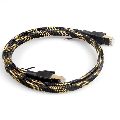 สายแพทช์ไนล่อนอีเธอร์เน็ต Cat7 แบนสีดำสีเหลืองถักความเร็วสูง