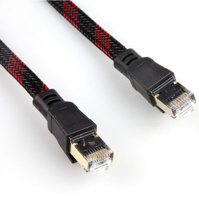 สายแพทช์ไนล่อนอีเธอร์เน็ต Cat7 แบนสีดำสีเหลืองถักความเร็วสูง