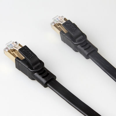 สายเคเบิลอีเธอร์เน็ตแบบแบน Cat8 ป้องกันสีดำพร้อมขั้วต่อ RJ45 ชุบทอง
