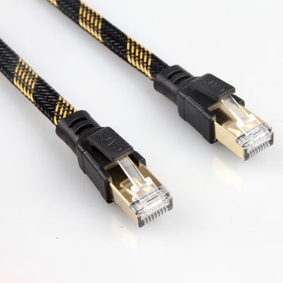 สายแพทช์ RJ45 Cat8 ที่เสถียรไนลอนถักสีดำสีเหลืองความเร็วสูง